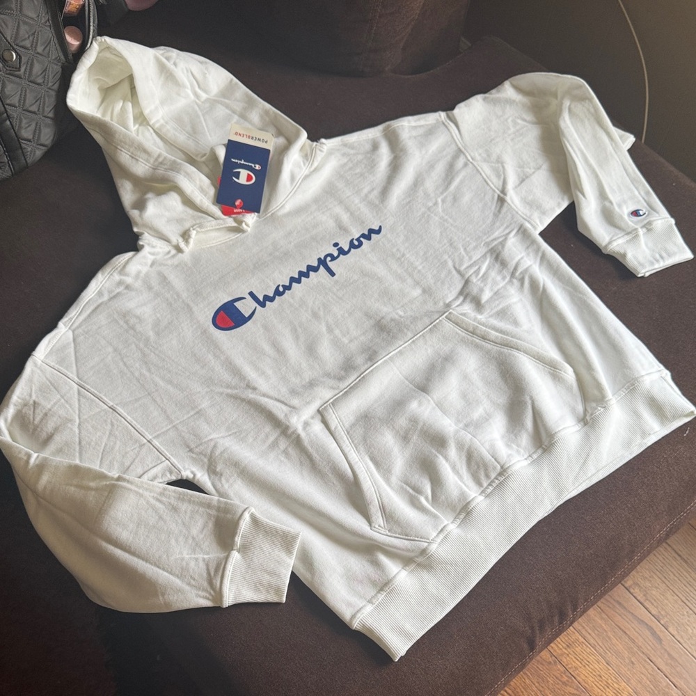 Champion Classic White Hoodie with Blue Logo